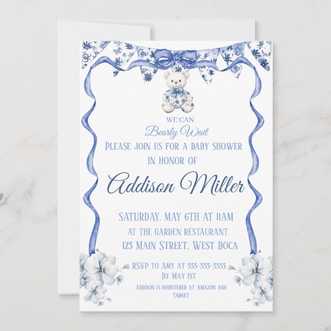Invitación Chinoiserie azul y blanco, No podemos esperar (Anverso)