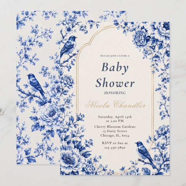 Invitación Chinoiserie Baby Shower Azul (Anverso / Reverso)