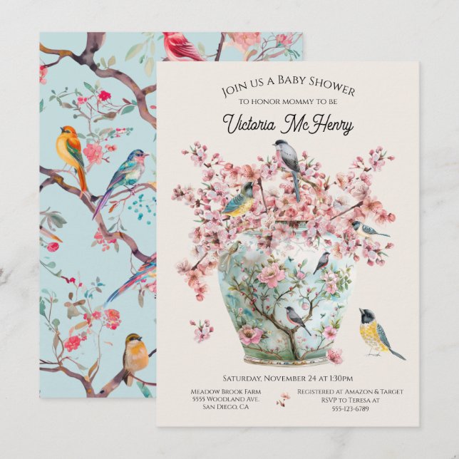 Invitación Chinoiserie Birds Cherry Blossoms Baby Shower Vase (Anverso / Reverso)