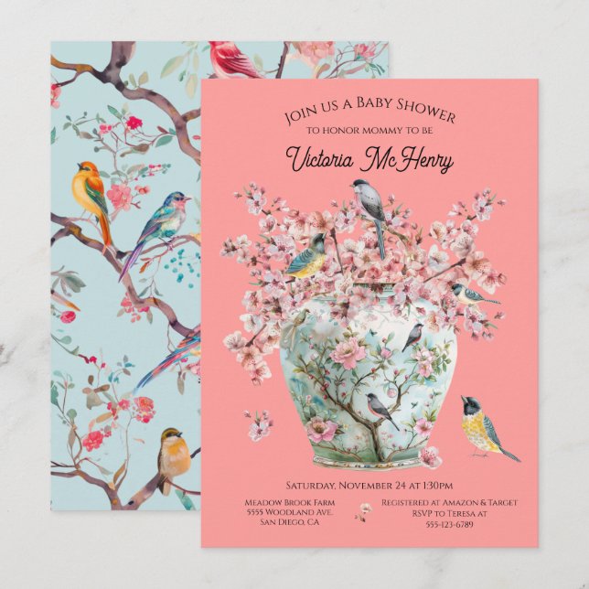 Invitación Chinoiserie Birds Cherry Blossoms Baby Shower Vase (Anverso / Reverso)