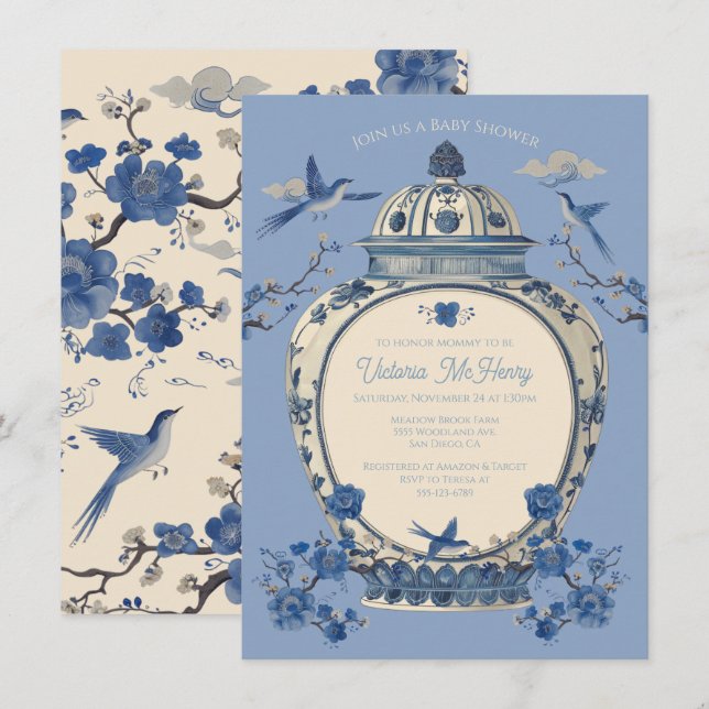 Invitación Chinoiserie Birds Floral Jar Baby Shower (Anverso / Reverso)