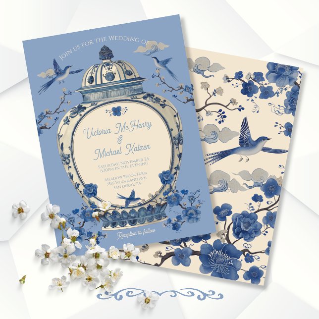 Invitación Chinoiserie Birds Floral Jar Boda (Subido por el creador)
