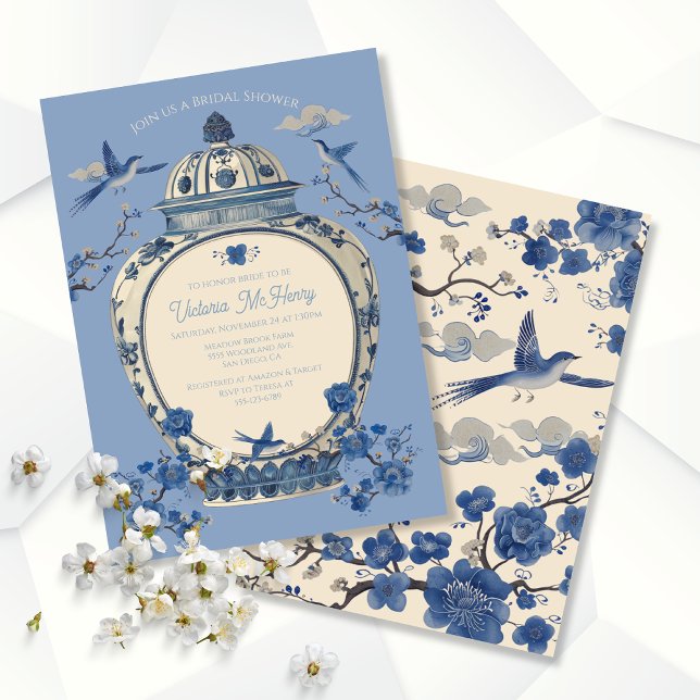 Invitación Chinoiserie Birds Floral Jar Bridal Shower (Subido por el creador)