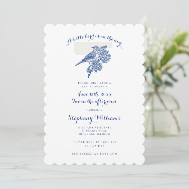Invitación Chinoiserie Blue Bird Vintage Toile Baby Shower (Anverso de pie)