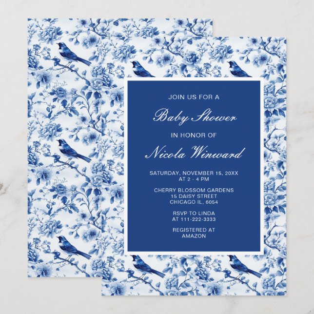 Invitación Chinoiserie Blue Birds and Flowers Baby Shower (Anverso / Reverso)