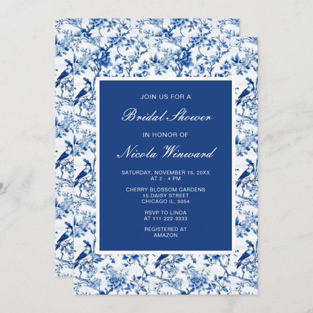 Invitación Chinoiserie Blue Birds and Flowers Bridal Shower (Anverso / Reverso)