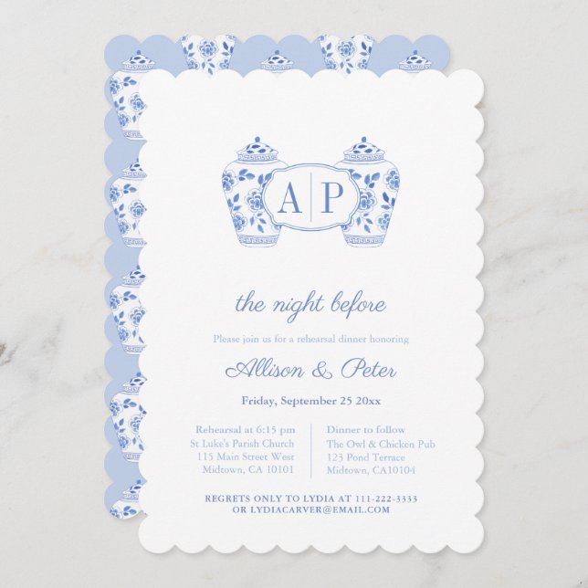Invitación Chinoiserie Blue Monogram Boda Ensayo Cena (Anverso / Reverso)