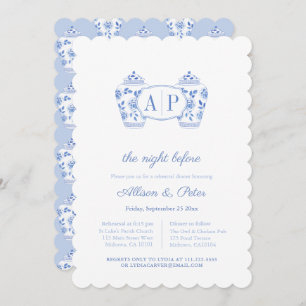 Invitación Chinoiserie Blue Monogram Boda Ensayo Cena