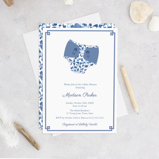 Invitación Chinoiserie Blue & White Diaper Wipes Baby Shower (Chinoiserie Chic Blue And White Diaper Theme Baby Shower Invitation)