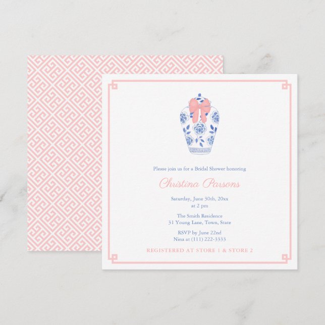 Invitación Chinoiserie Blue White Pink Wedding Shower Fiesta (Anverso / Reverso)