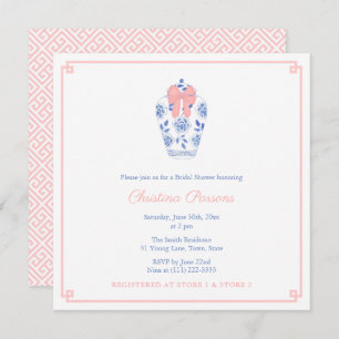 Invitación Chinoiserie Blue White Pink Wedding Shower Fiesta