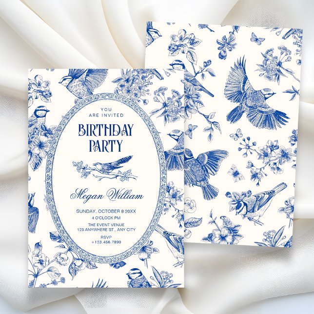 Invitación Chinoiserie botánico floral pájaro cumpleaños (Subido por el creador)