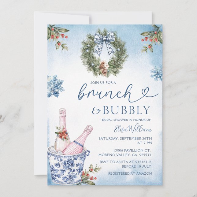 Invitación Chinoiserie Brunch y la ducha Bubbly Blue Bridal S (Anverso)