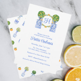 Invitación Chinoiserie de Acuarela Topiaria de Citricos con M
