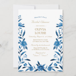 Invitación Chinoiserie de flores acuarela azules para baby sh