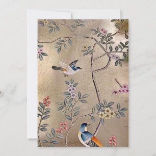 Invitación Chinoiserie de oro con aves cantoras y flores