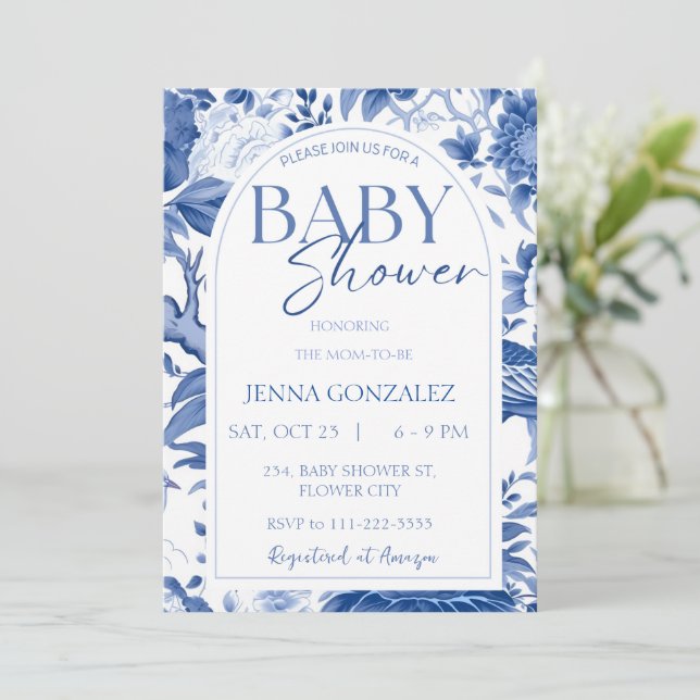 Invitación Chinoiserie Delft Blue White Baby Shower (Anverso de pie)