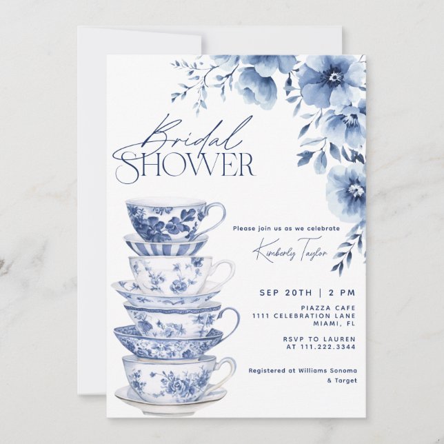 Invitación Chinoiserie Dusty Blue Floral Bridal Shower (Anverso)