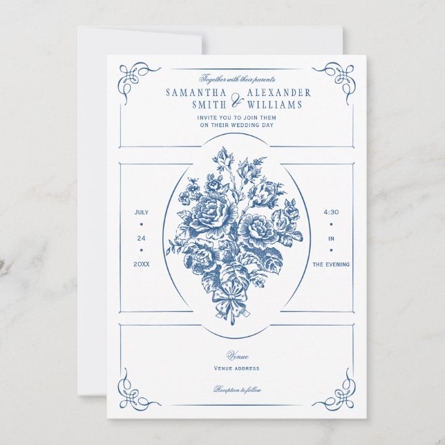 Invitación Chinoiserie Elegant Blue Bouquet Boda victoriano (Anverso)