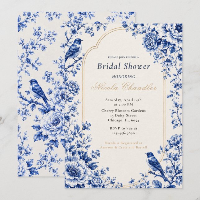 Invitación Chinoiserie Fiesta de Despedida de Soltera Azul (Anverso / Reverso)