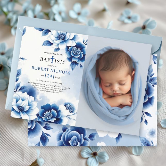 Invitación Chinoiserie floral azul, acuarela Baptism foto (Subido por el creador)