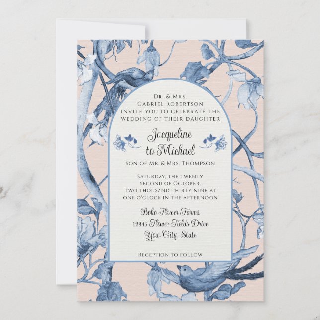 Invitación Chinoiserie Floral Azul blanco y Boda de Aves rosa (Anverso)