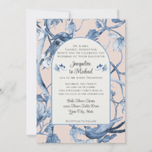 Invitación Chinoiserie Floral Azul blanco y Boda de Aves rosa