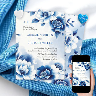 Invitación Chinoiserie floral azul, boda de lavado acuático