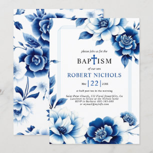 Invitación Chinoiserie floral azul con triple frontera bautis