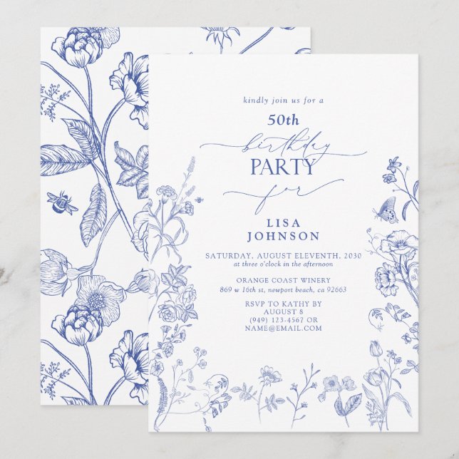 Invitación Chinoiserie Floral Azul Francés 50 cumpleaños (Anverso / Reverso)