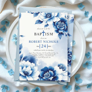 Invitación Chinoiserie floral azul, lavado de acuarela Bautis