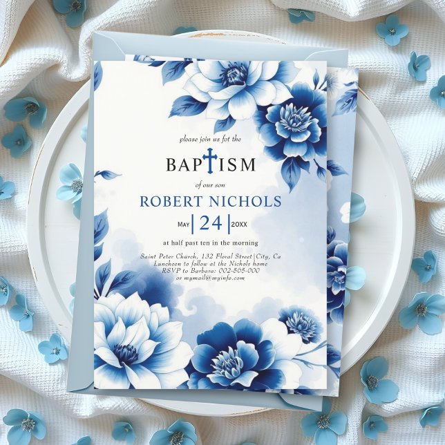 Invitación Chinoiserie floral azul, lavado de acuarela Bautis (Subido por el creador)