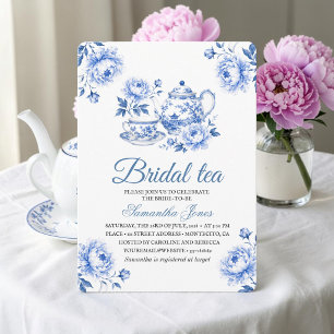 Invitación Chinoiserie Floral Azul Tetera Regalo de Despedida