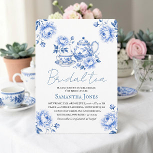 Invitación Chinoiserie Floral Azul Tetera Regalo de Despedida