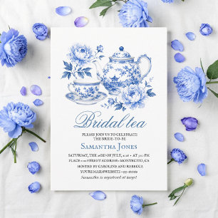 Invitación Chinoiserie Floral Azul Tetera Regalo de Despedida