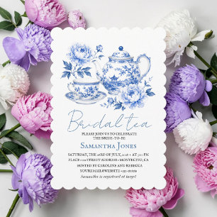 Invitación Chinoiserie Floral Azul Tetera Regalo de Despedida