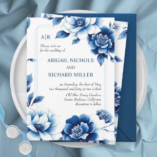 Invitación Chinoiserie floral azul y boda de frontera triple