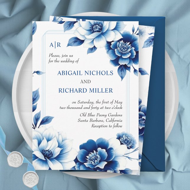 Invitación Chinoiserie floral azul y boda de frontera triple (Subido por el creador)