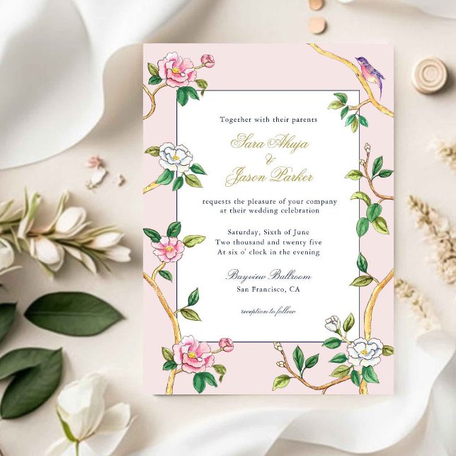 Invitación Chinoiserie floral Boda rosa y blanco (Subido por el creador)