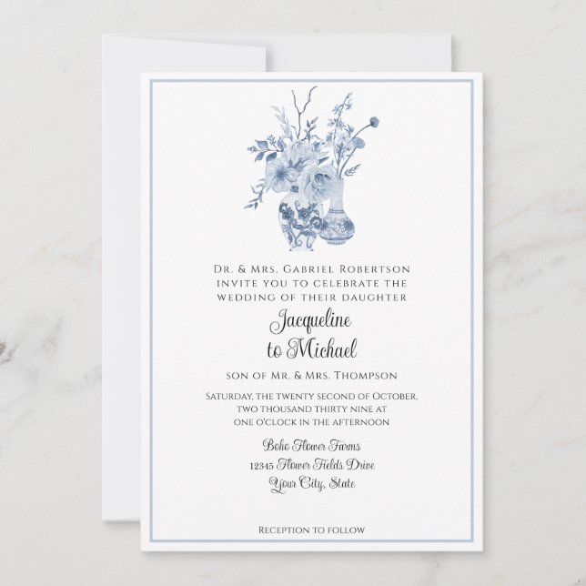 Invitación Chinoiserie floral de época Boda blanco y azul (Anverso)
