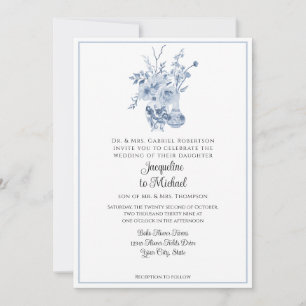 Invitación Chinoiserie floral de época Boda blanco y azul