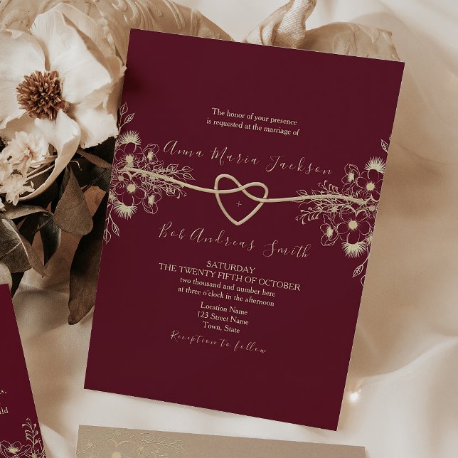 Invitación Chinoiserie Floral Dorado Borgoña Boda (Subido por el creador)