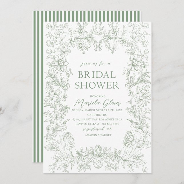 Invitación Chinoiserie floral verde de color acuático elegant (Anverso / Reverso)