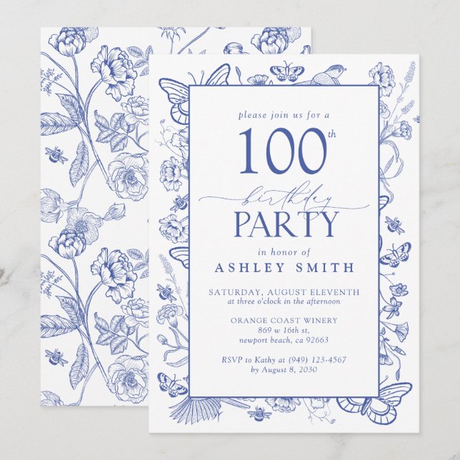 Invitación Chinoiserie French Blue 100 cumpleaños (Anverso / Reverso)