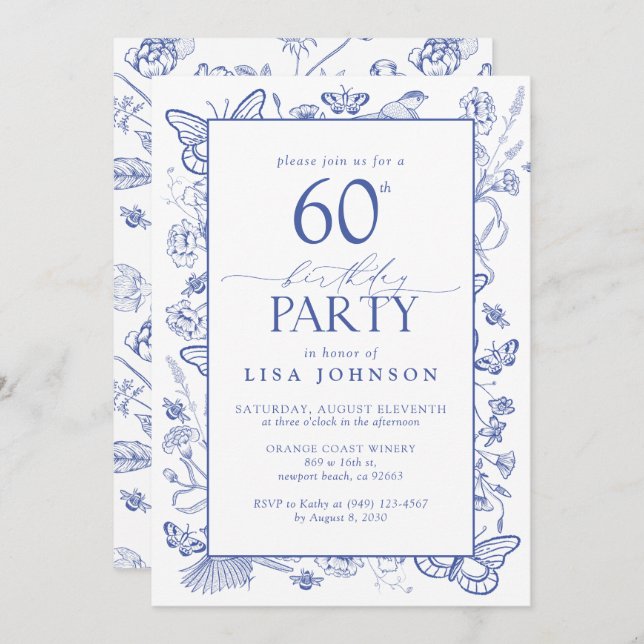 Invitación Chinoiserie French Blue Script 60º cumpleaños (Anverso / Reverso)