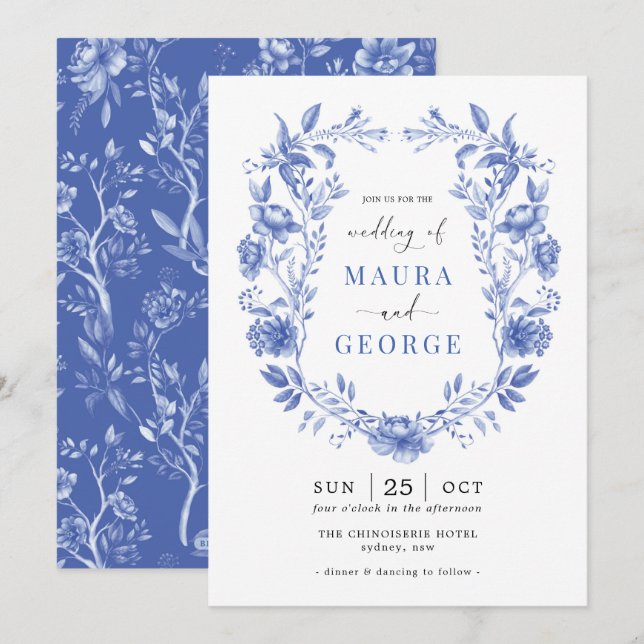 Invitación Chinoiserie Garden Escudo Delft Blue Floral Boda (Anverso / Reverso)