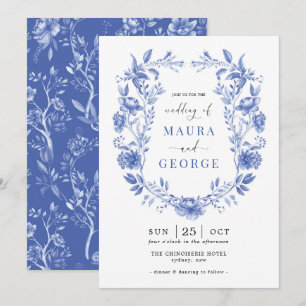 Invitación Chinoiserie Garden Escudo Delft Blue Floral Boda