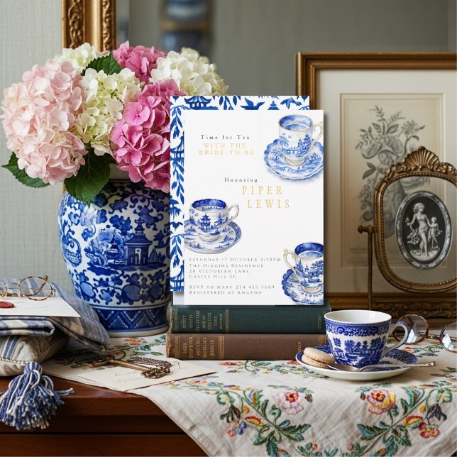 Invitación Chinoiserie Hora del Té Despedida de Soltera Azul (Chinoiserie Time for Tea Bridal Shower Blue Invitation)