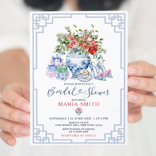 Invitación Chinoiserie Jar Red Floral Navidades Británicas Sh