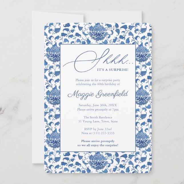 Invitación Chinoiserie Lady Milestone Birthday Surprise Fiest (Anverso)